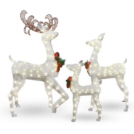 AWQM 3-Piece Lighted Christmas Reindeer, Christmas Deer Family Set with Red Bow, 50+80+100 LED Lights, Indoor or Outdoor Christmas Holiday Decoration for Yards Garden Lawn Patio Light Up Display,White