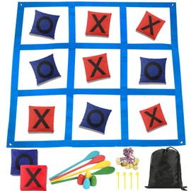 2-in-1 Outdoor Giant Tic Tac Toe Bean Bag Toss Games for Kids Adults Egg Spoon Relay Race Game, 4X4FT Large Lawn Yard Games Backyard Outside Family Reunion Birthday Party Field Day Outdoor Fun Games