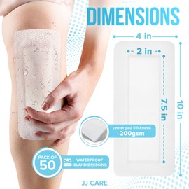JJ CARE Waterproof Adhesive Island Dressing [Pack of 50], 4" x 10" Sterile Bordered Gauze, Breathable Island Wound Dressing, Individually Wrapped Adhesive Gauze Bandages with Non-Stick Central Pad