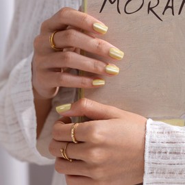 SHANGMENG Pastel Yellow Press on Nails Short - Soft Gel Spring Cat Eye Press on Nails Square for Women Gift, Glossy Glue on Nails in 16 Sizes - 32 Reusable Fake Nails Kit with Glue, Butter Cream