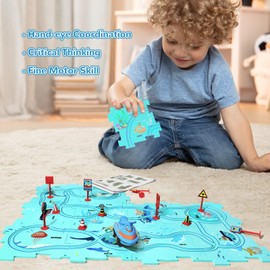 XAZASTOV Puzzle Track Car Play Set, Plastic Puzzles for Kids Ages 3-5 with Vehicles, Electric Trolley Puzzle, Car Tracks for Toddlers, Toys Gifts for 2 3 4 5 6 Year Old Boys Girls