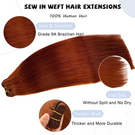 Sew in Hair Extensions Real Human Hair, Hand Tied Human Hair Weft Extensions 18 Inch Dark Auburn Brown Double Weft Full Head Straight Human Hair Weaves Bundles 100G Hair Wefts Weave Hair Extensions