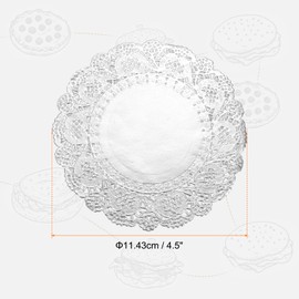 sourcing map 100pcs Lace Paper Doilies 4.5 Inch Silver Round Disposable Decorative Paper Placemats Hollow Flower Absorbing Papers for Cakes Desserts Food Decoration Wedding Birthday