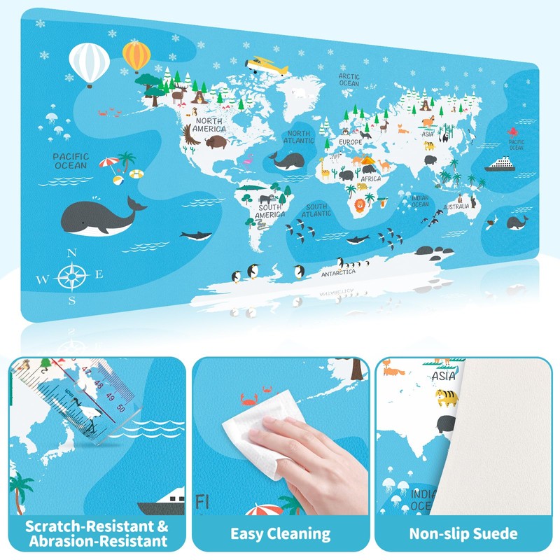 Carethos Kids World Map Desk Mat, Educational PU Leather Table