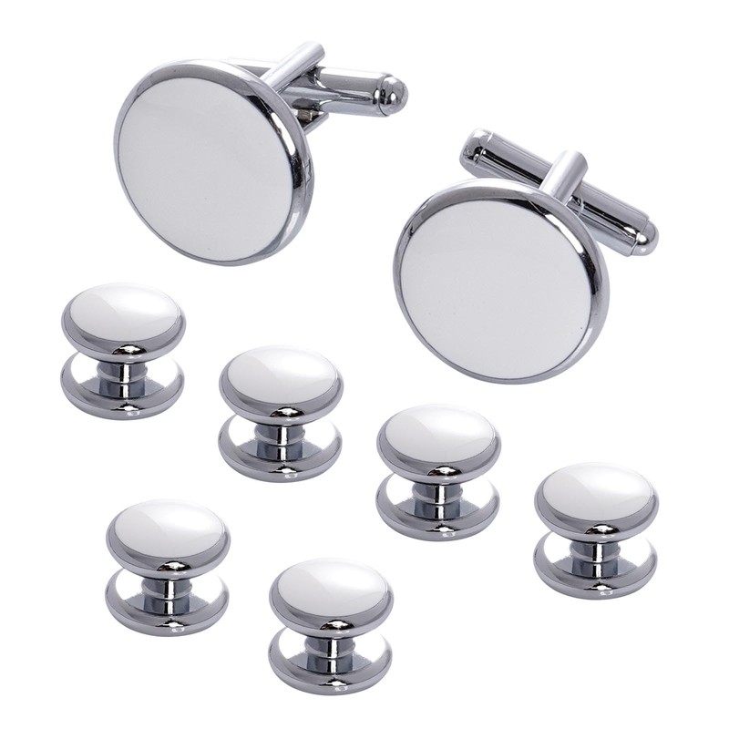 White Silver Tuxedo Studs and Cufflinks Set, Mens Cufflinks and