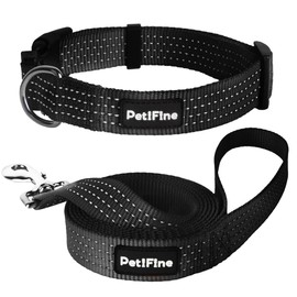 PetiFine Reflective Dog Collar, Adjustable Classic Nylon Dog Collars for Small/Medium/Large Dogs, High Visibility Dog Collars with Quick Release Buckle (Collar+Leash L, Black)