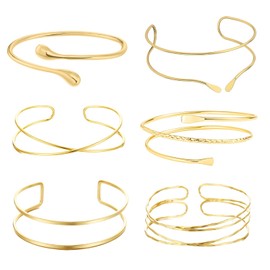Yeomju Women's Gold Bangle Set, 6-Piece Adjustable Upper Bangle Jewellery, 14K Gold-Plated, Minimalist Design for Parties and Special Occasions, gold, L