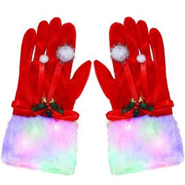 GEMILY Red Christmas Gloves Sparkly Santa Light up Glove LED with White Furry Cuff Xmas Cosplay Glove for Women and Girls(Bowknot)