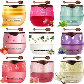 9 PCS Bee Lip Balm Honey Pot, Strawberry Watermelon Cherry Coconut Peach Mint Grape Vanilla, Honey Lip Balm Bulk with Stick, Lip Mask Overnight Hydrating for Dry and Crack