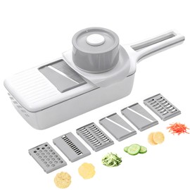 ZKIRON Mandoline Slicer for Kitchen with Drain Box, 6-in-1 Handheld Vegetable Slicer with Safety Hand Guard, Potato Slicer Cucumber Julienne Shredder Grater, Compact Salad Prep (Gray)