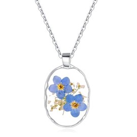 Vergiss-mich-nicht oval Anhänger gepresst Blume Halskette | Vergiss-mich-nicht Schmuck | Vergiss-mich-nicht Halskette | Personalisierte handgefertigte Halsketten für Frauen | 45cm