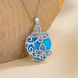 Zeltryn 925 Sterling Silver Genuine Turquoise Heart Butterfly Necklace Birthday Jewelry for Women