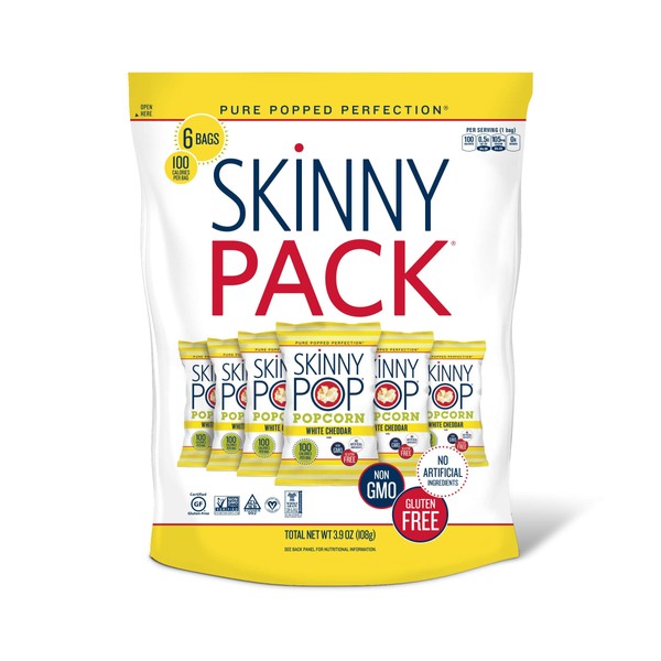 SkinnyPop White Cheddar Popcorn, Skinny Pack, 6ct, 0.65oz Individual Snack Size Bags, Skinny Pop, Healthy Popcorn Snacks, Gluten Free