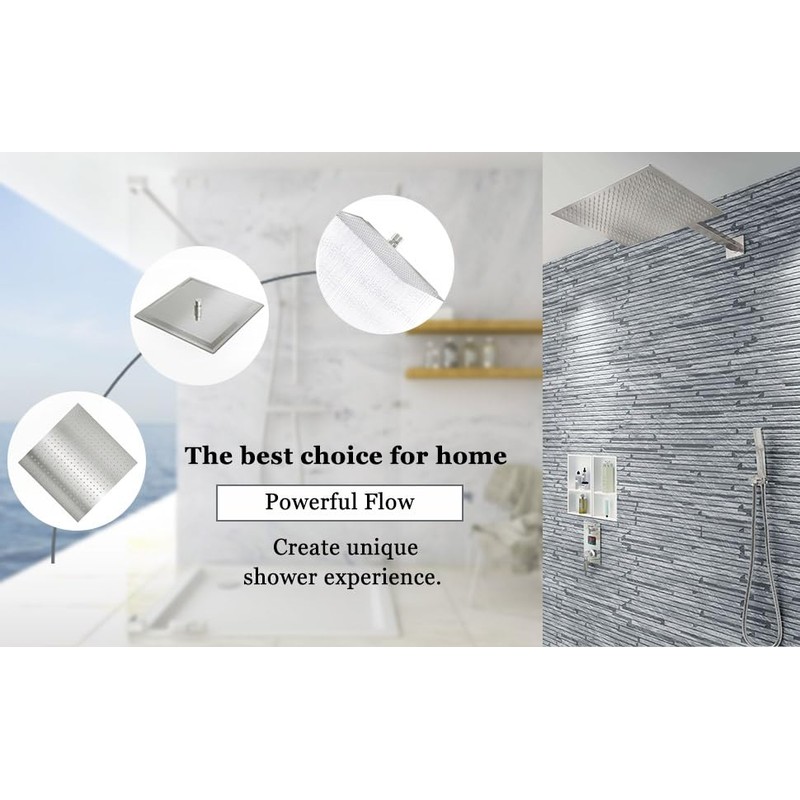 Derpras 16 Inch Square Rain Shower Head, 304 Stainless Steel,