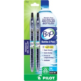 PILOT B2P - Bottle to Pen Refillable & Retractable Rolling Ball Gel Pen Made From Recycled Bottles, Fine Point, Black G2 Ink, 2-Pack (31605)