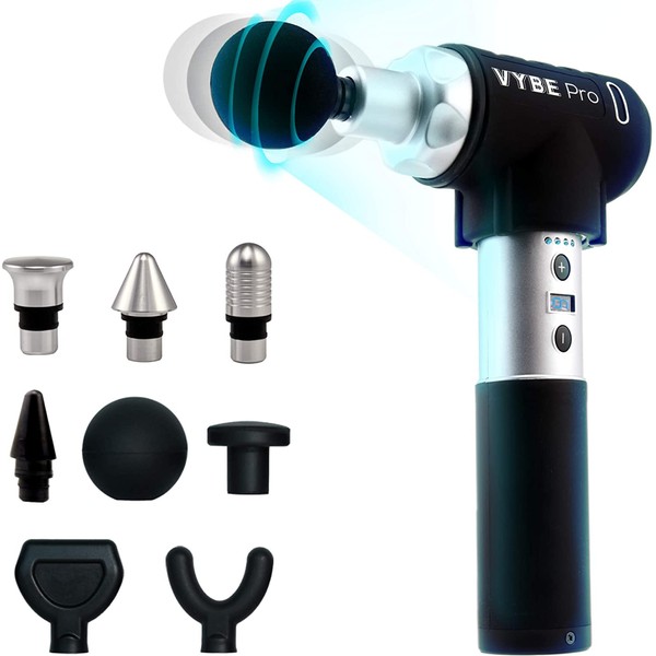 VYBE Percussion Massage Gun for Athletes - Pro Model â Electric Handheld Deep Tissue Muscle Massager Guns Soothe Body Aches, Back Pain - 9 Speeds, 8 Attachments, Quiet, Portable