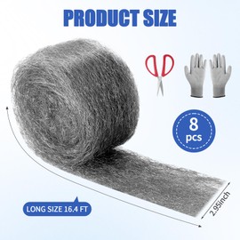 Steel Wool Mice Control, 8 Pack 16.4 Ft Hole Filler, Mice Repellent Indoor, Keeps Animals Out of Holes, Siding, Pipes, Garden, House, Garage ents(Includes Gloves, Scissors)