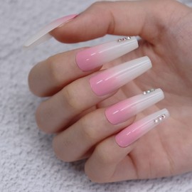 MISUD Long Coffin Press On Nails Ballerina Fake Nails Glossy Glue on Nails Pink White Ombre Acrylic Nails Gradient Artificial Nails Rhinestone Stick on False Nails with Design 24 pcs