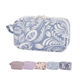Small Makeup Bag for Purse Travel Makeup Bag Pouch Mini Cosmetic Bag Zipper Pouch for Women (Blue Leaf, Small)