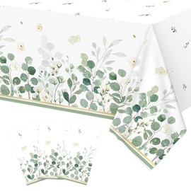 Lianxuia 3Pcs Sage Green Tablecloth, 54 x 108 Inch Eucalyptus Leaf Plastic Table Cover, Disposable Sage Greenery Table Cloth for Wedding, Baby Shower Decorations