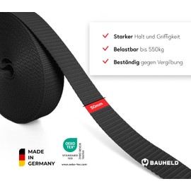 BAUHELD® 10 m Universal Webbing Strap 50 mm [Made in Germany] – Polypropylene Fabric Mounting Strap – Strap for Attaching, Sewing or Accessories for Backpack, Suitcase, Plug-In Buckle, Tension Strap –
