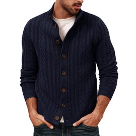 PJ PAUL JONES Men's Cardigan Sweaters Button Down Stand Collar Cardigans Casual Textured Knitted Sweater Navy Blue