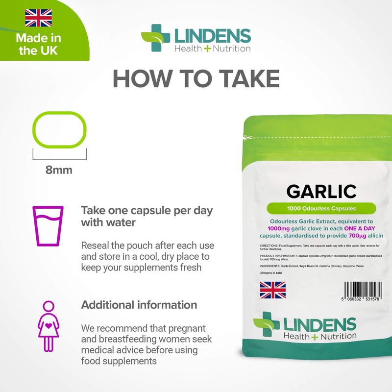 Lindens Garlic Odourless Capsules - 1000mg (700mcg Allicin) - 1000