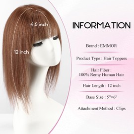 EMMOR Hair Toppers 12 inches for Women,100% Remy Human Hair with 3 Non-slip Clips and 5"×6" Larger Silk Base,Top Hair Pieces for Women with Hair Loss(Brown)