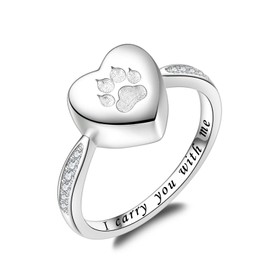 Fookduoduo 925 Sterling Silver Paw Print Urn for Ashes I Carry You with me Cremation Jewelry Dog Cat Claw Urn Finger Ring for Pet Lovers(Silver 6)