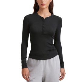CRZ YOGA Ribbed Modal Casual Long Sleeve Henley Shirts for Women Soft Stretchy Knit Layering Basic Fitted Athletic Tops Black Small