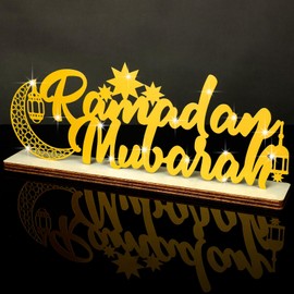 Landhoow Eid Ramadan Table Decor 12.99 x 4.72 Inch Ramadan Mubarak Kareem Sign Ramadan Decorations Eid Mubarak Kareem Sign Tabletop Letter Sign for Eid Home Office Party Decorations Gifts (Moon)