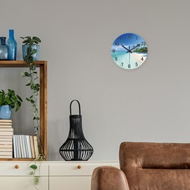 XFM Blue Wall Clock Battery Operated 14 Inch Palm Tree Silent Wall Clock Glass Coastal Wall Clock for Living Room Beach Clocks Wall Decor