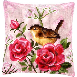 Vervaco Cross Stitch Kit Cushion Complete Set Bird and Roses Decoration Manual Embroidery Kit Adult Art Creative Gift DIY Cross Stitch Embroidery ca. 40 x 40 cm