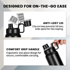 MUCR 30oz Insulated Water Bottle, 900ml Stainless Steel Vacuum Bottle with Handle & Direct Drinking Spout, Leak-Proof, 24H Cold & 12H Warm, for Gym, Work & Outdoor, Black (black)
