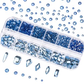 Nail Rhinestones Kit Round Flat Back Rhinestones 1500Pieces Multi Shape Light Blue Nail Gems 10ml Gel Nail Glue with Nail Crystals Diamonds Jewelry Rhinestones for Nail Design DIY Crafts Decoration