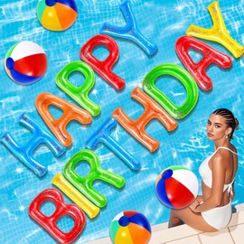Sumind 17 Pcs 20'' Happy Birthday Inflatable Letter Pool Float with Rainbow Inflatable Beach Ball and Adhesive Dots for Summer Birthday Party Swimming Pool Water Beach Party Decorations