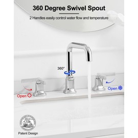 HOIGY Chrome Bathroom Faucet Widespread Sink Faucet Bathroom 3 Hole, 360 Degree Swivel Faucet Bathroom 6-16 Inch, 2 Handles Faucet for Bathroom Sink with Pop-Up Drain & Water Supply Hose Saving Water