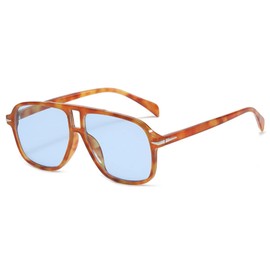 QVKUUT Retro Rectangular Sunglasses for Men and Women Rectangle Retro Glasses with Double Bridge, Leopard/Blue