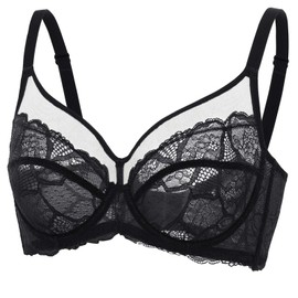 DOBREVA Women's Lace Full Coverage Minimiser Bra Unlined Underwire See Through Plus Size Bra Black 42E
