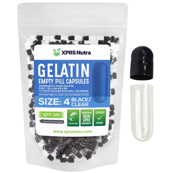 Cápsulas de gelatina vacía Capsules Express, tamaño 4, color negro y transparente – Kosher – Cápsula de gelatina pura – Relleno de polvo DIY (100)