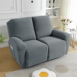 JIVINER 6-Piece Loveseat Recliner Slipcover Stretch Jacquard Recliner Sofa Cover 2 Seater Washable Reclining Couch Cover with Pocket Fitted Furniture Protector Cover (Loveseat Recliner, Light Gray)