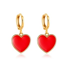 MALOYANVE Heart Big Hoop Earrings Charm Gold Plated Solid Small Dangling Red and Black Love Heart Huggie Hoop Cross Earrings Valentine's Day Jewelry for Women, Medium, Zinc, No Gemstone