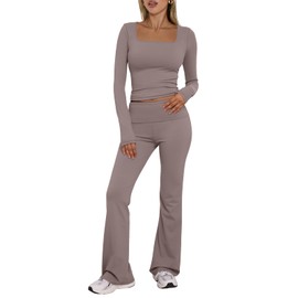Trendy Queen Womens Two Piece Lounge Sets 2 Piece Fall Outfits Long Sleeve Square Neck Tops Flare Pants Tracksuits Clothes Coffeegrey M