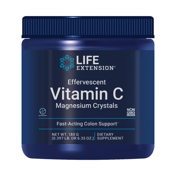 Life Extension Effervescent Vitamin C-Magnesium Crystals - Ascorbic Acid Vitamin C Powder Supplement - for Healthy Immune Support with Vitamin B6 - Gluten Free, Non-GMO - 180 Grams, 30 Servings