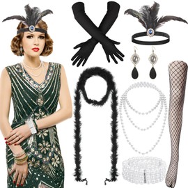 Blulu 9 Piece 1920s Women's Flapper Dress Costume Set V Neck Sequins Beads Swing Fringe Dress with Roaring 1920s Accessories (Green, L), Green