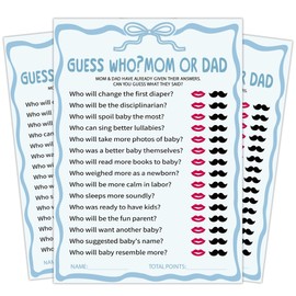 Baby Shower Game Cards, Blue Minimalist Theme, Guess Who Mom or Dad, 25 Game Cards, Blue Ribbon Bow Baby Shower Party Decorations Supplies (5X7 inches) A12