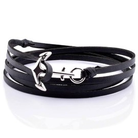 PLANETYS - Anchor Bracelet Multi Row Black Leather Made of 316L Stainless Steel, Leather