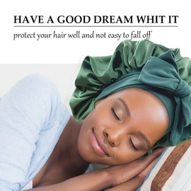 GiLi Satin Silk Hair Bonnet for Sleeping Large Bonnets with Tie Band Hair Wrap with Adjustable Straps Hair Cap Night Sleep Caps for Women Curly Braid Hair Hunter Green