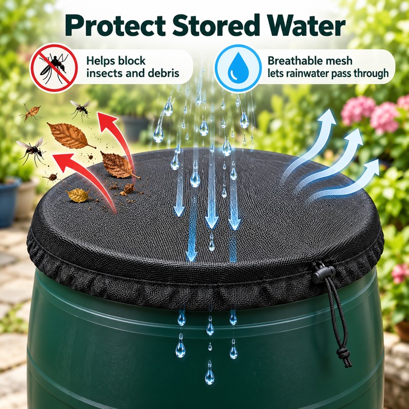 Drawstring Mesh Rain Barrel Cover for Outdoor Water Storage –