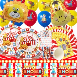 Doyomtoy 75 Pieces Circus Children's Birthday Tableware Set, Red and White Striped Tent, Party Decorations Circus Tableware Plates, Cups, Napkins, Balloons, Tablecloths, Party Decorations